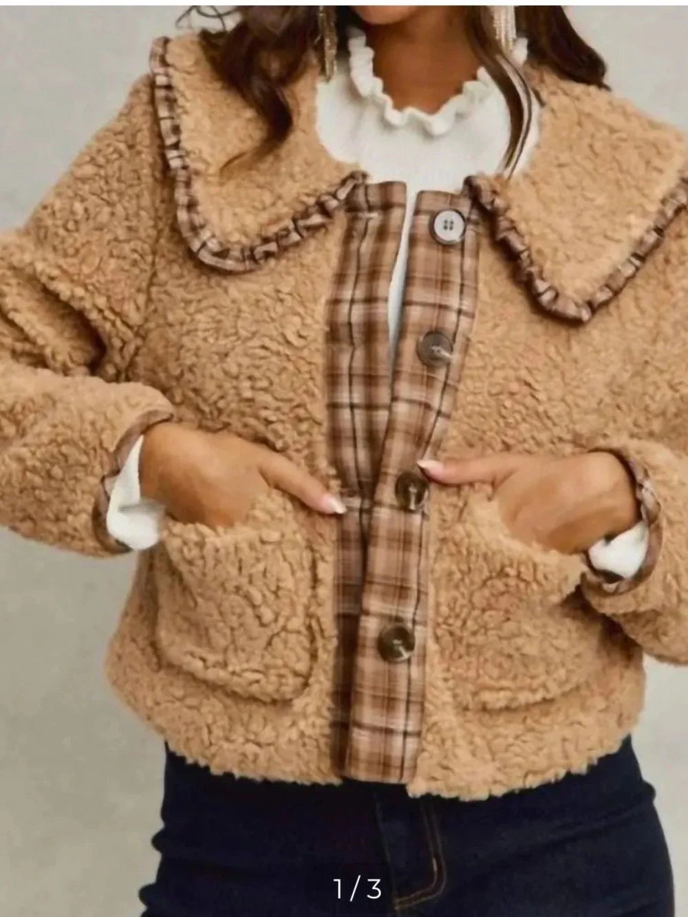 So Me Camel Tan Sherpa Ruffled Collar Jacket with Plaid Trim